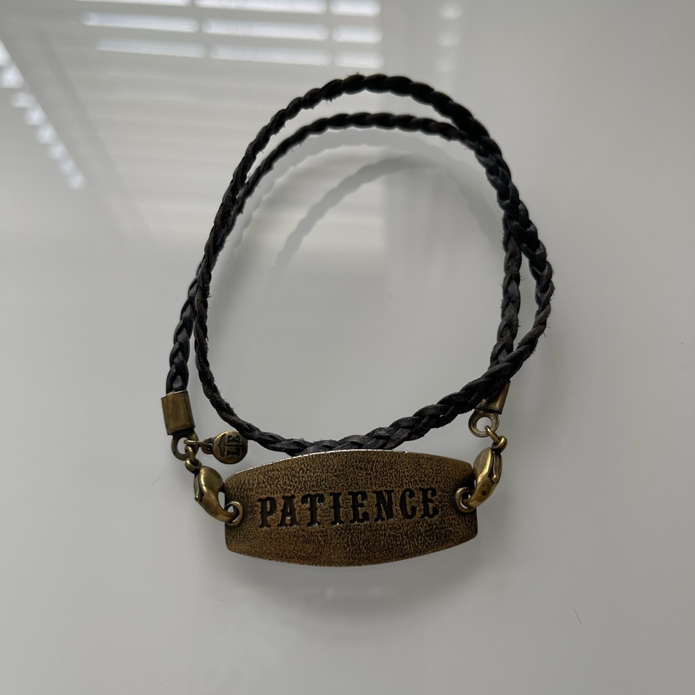 Lenny & Eva black leather wrap bracelet with patience plate